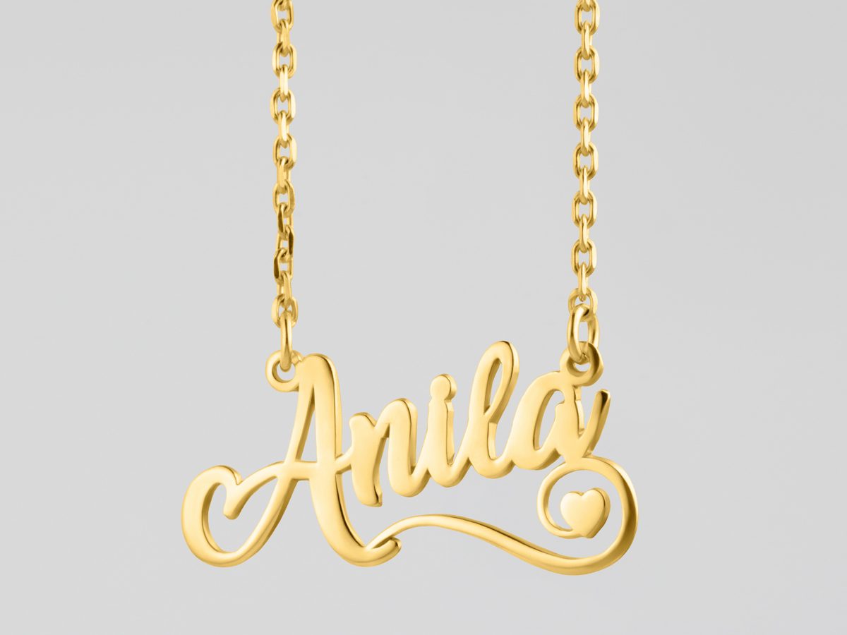 Heart Decorated Name Necklace 14k Gold