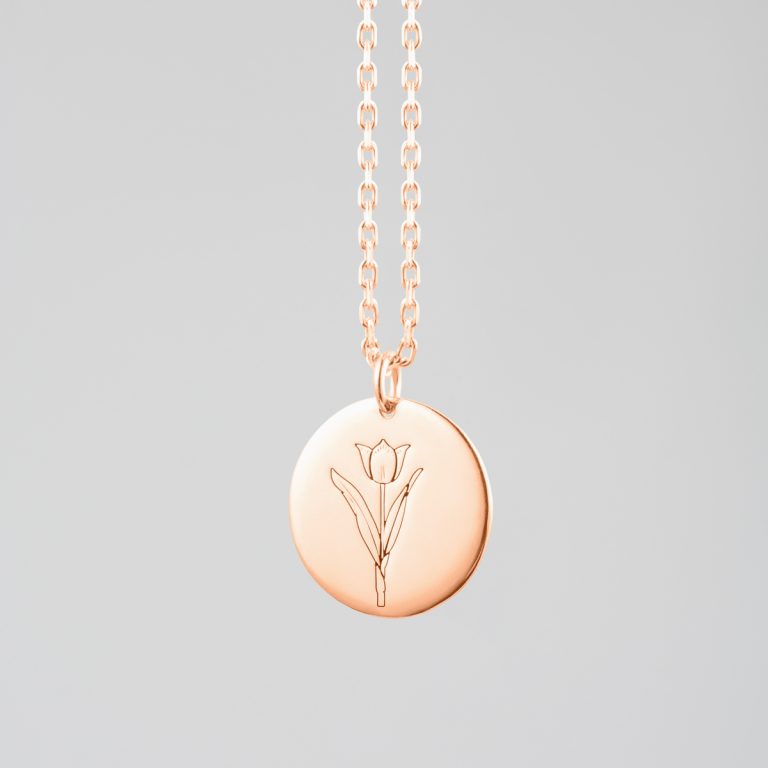 Flower Engraved Disc Necklace Rose Gold Plated