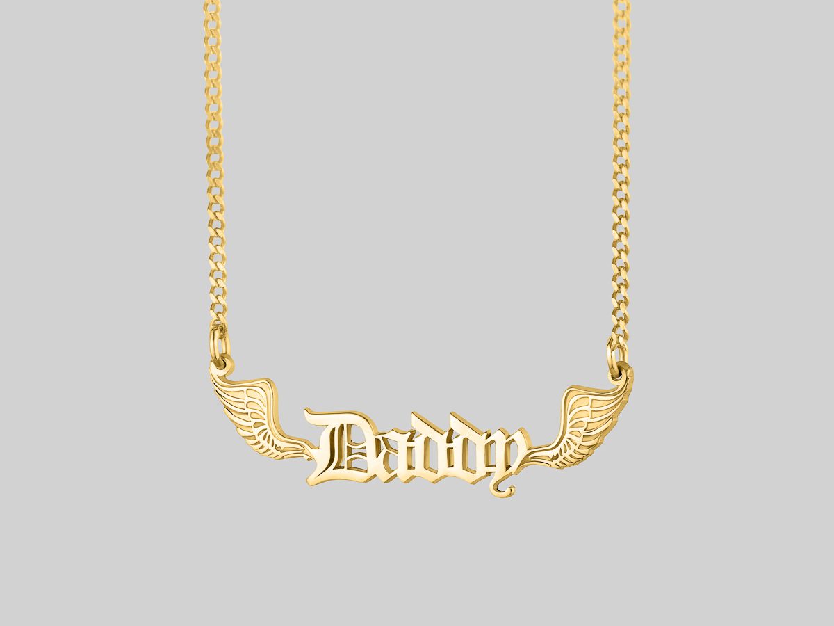 Gothic Angel Wings Name Necklace - Gold 