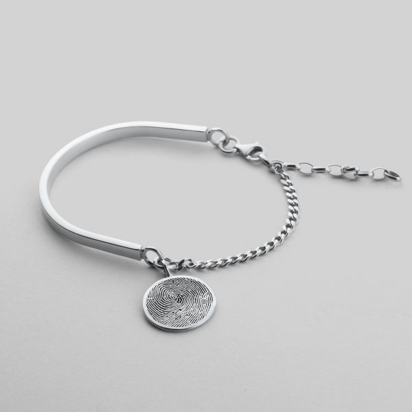 Silver Stainless Engraved Bangle Bracelet with Round Charm