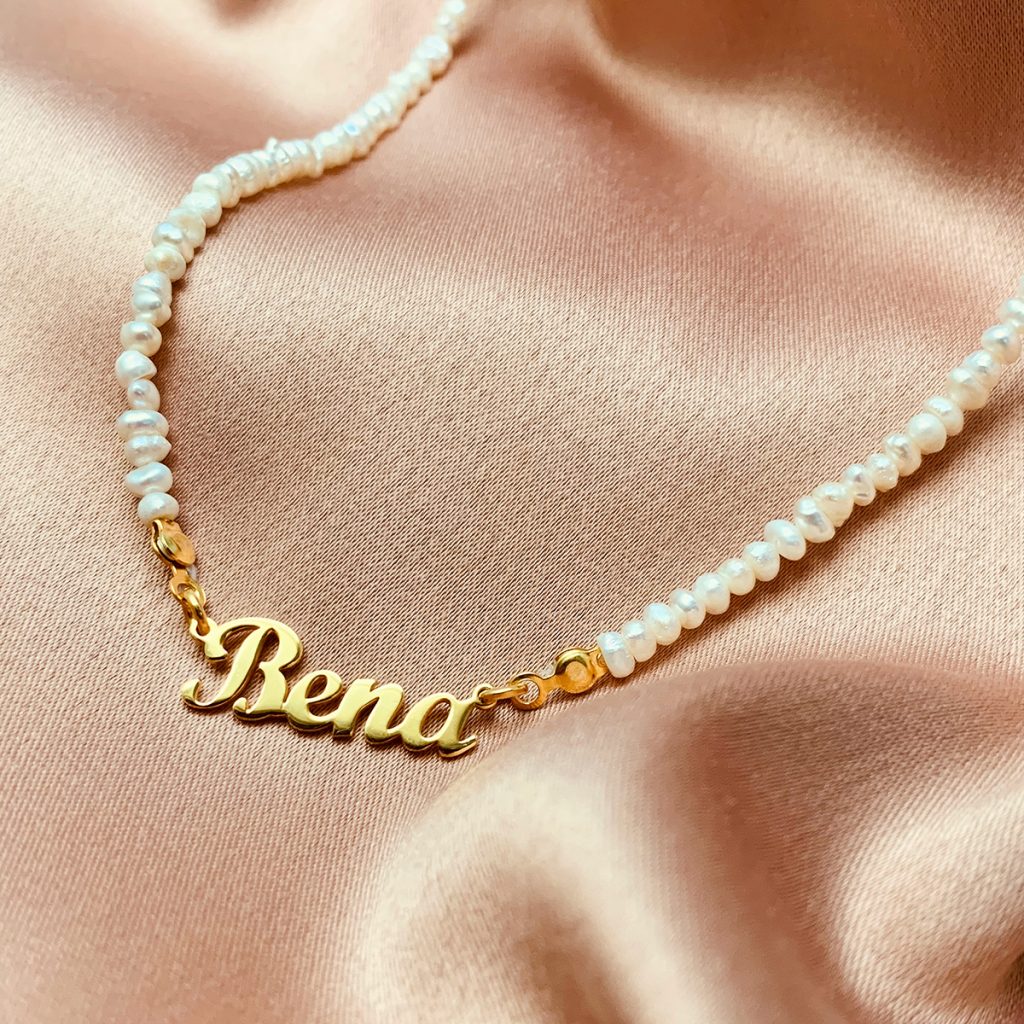 Cursive Name Necklace With Organic Pearls- Gold Electroplated
