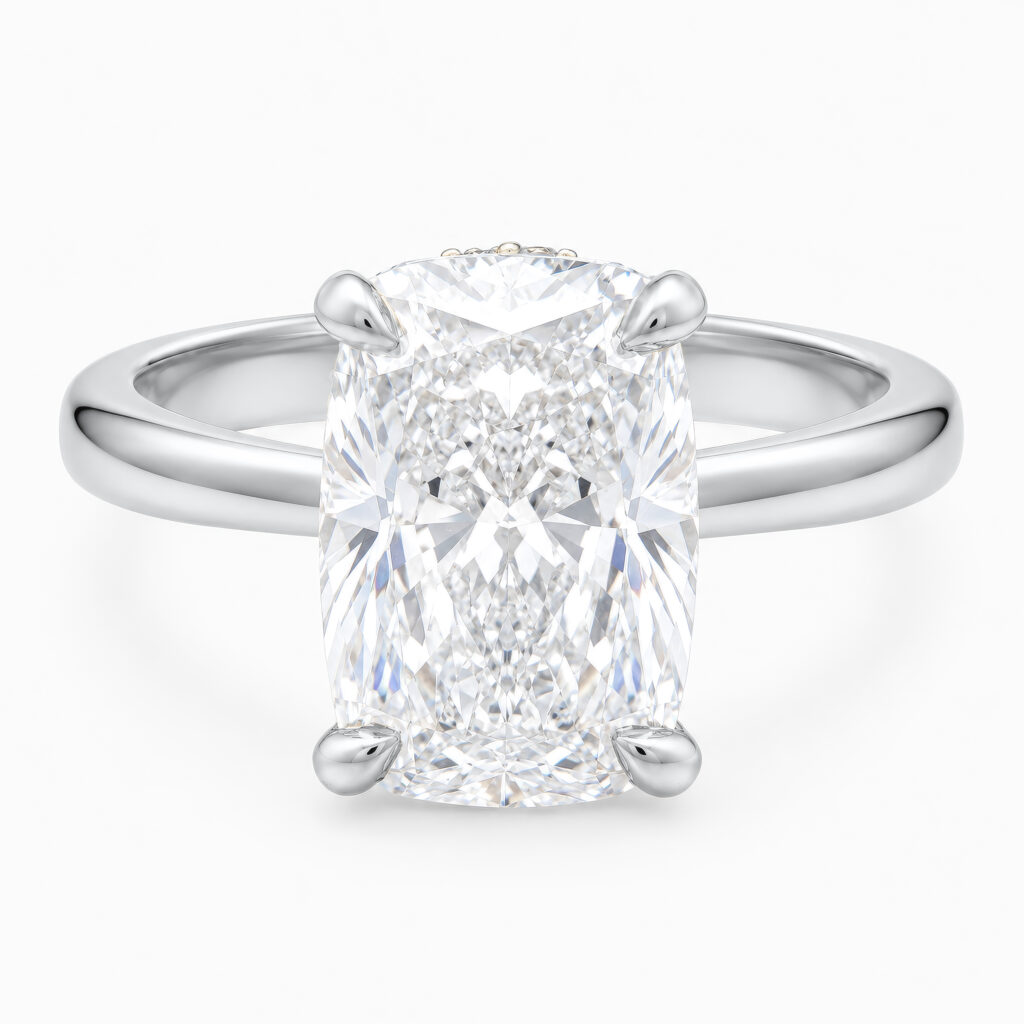 Lumiere 4ct Elongated Cushion Diamond Ring with Hidden Halo White Gold