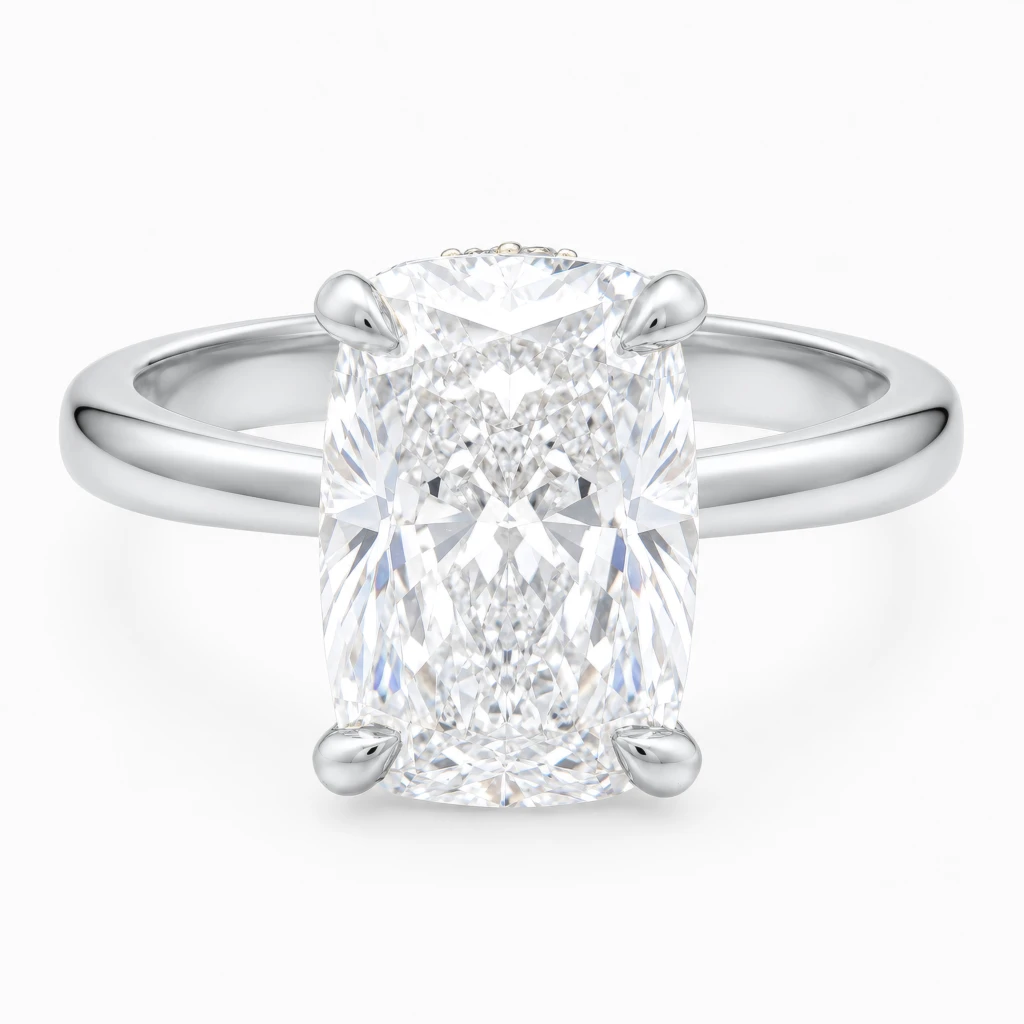 Lumiere 4ct Elongated Cushion Diamond Ring with Hidden Halo White Gold