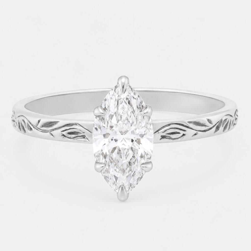 Elena 1ct Marquise Diamond Ring with Engraved Floral Band White Gold