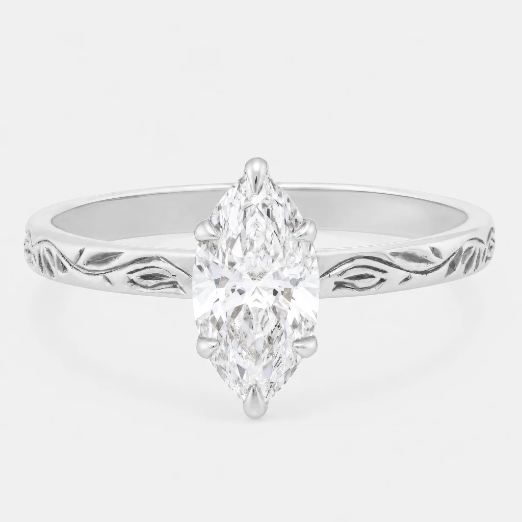 Elena 1ct Marquise Diamond Ring with Engraved Floral Band White Gold