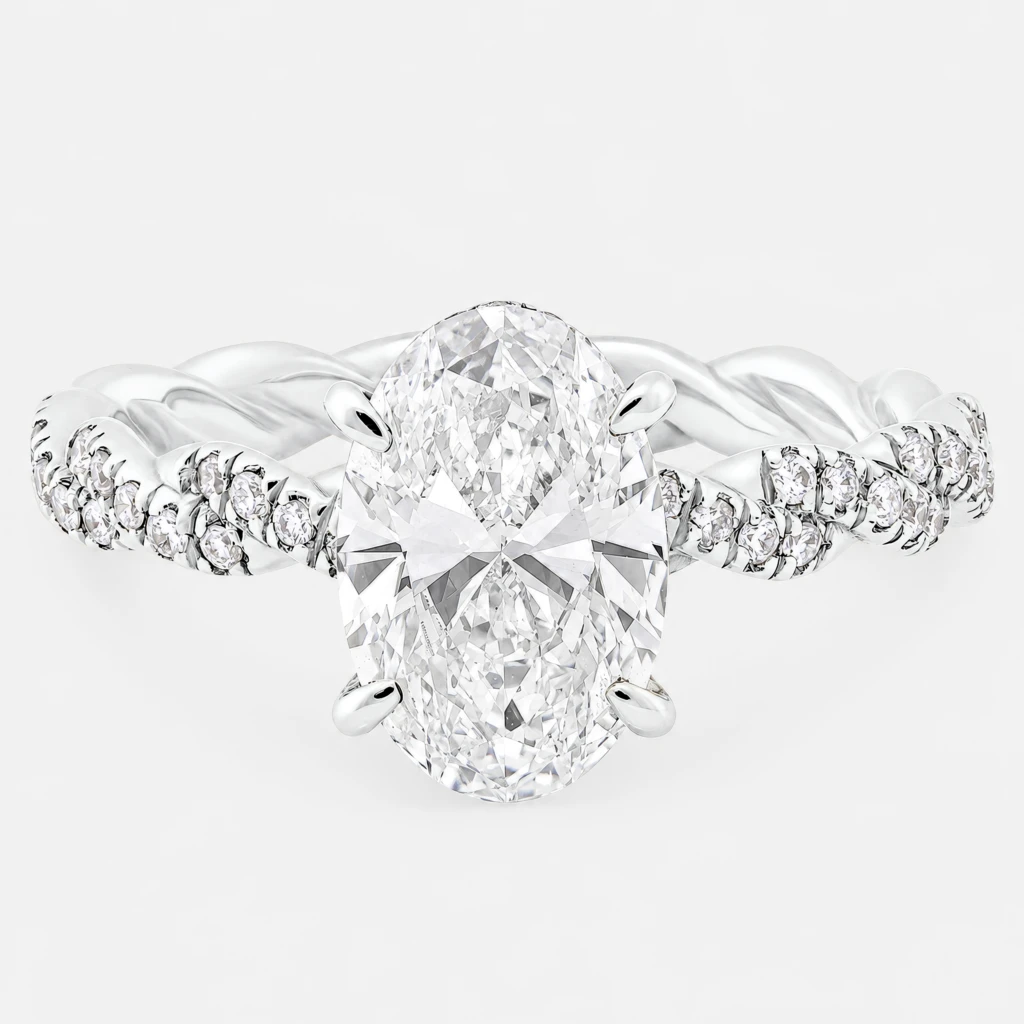 Eterna Twisted Rope Ring 2ct Oval Diamond with Hidden Halo White Gold